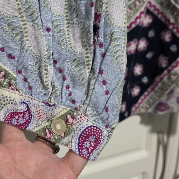 LOFT Paisley Boho Floral Patchwork Linen Blend Peasant Blouse 3/4 Raglan Sleeve - Picture 10 of 13